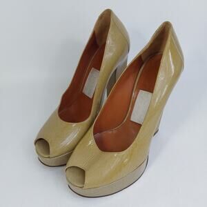 Lanvin Y2K Mustard Cracked Effect Patent Leather Peep Toe Block Heels 37EU